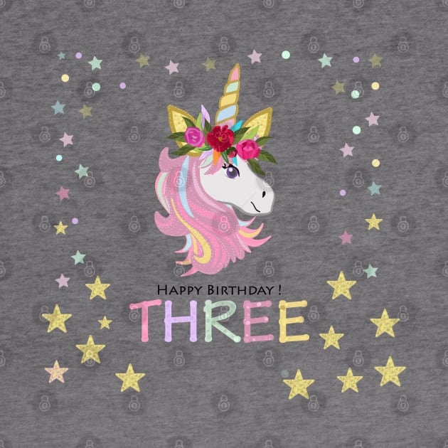 Third birthday greeting. Three. Magical Unicorn Birthday invitation. Party invitation greeting by GULSENGUNEL